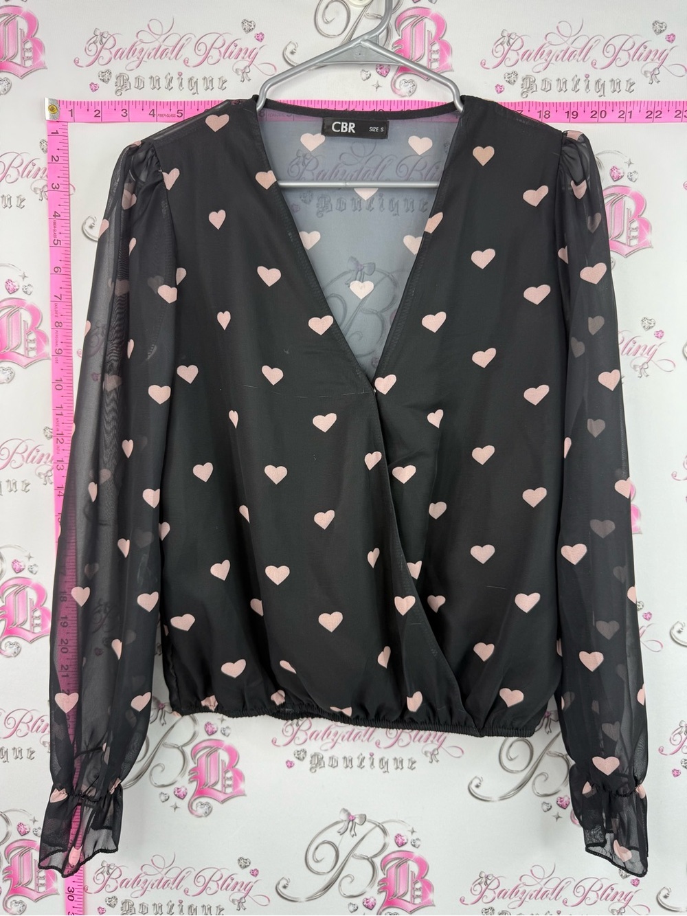 CBR shirt top Black Long Sleeve Heart Print Wrap Blouse - Pink Hearts